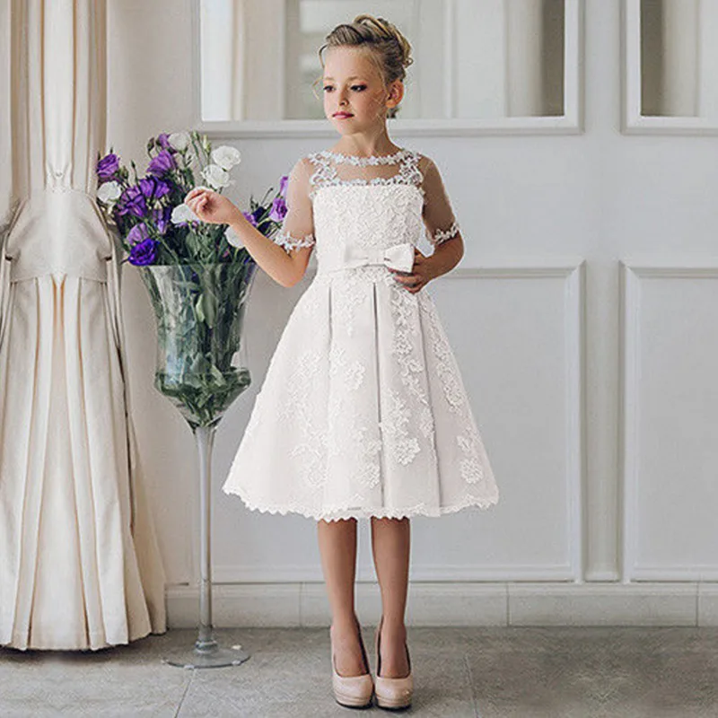 

Lace Party Dress Half sleeve Knee Length Flower Girl Dress O-Neck First Communion Dresses