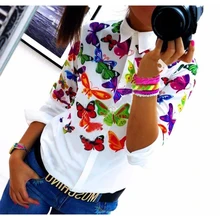 2017 Spring And Autumn New Fashion Casual Womens Tops Shirt White All Match Sunflower Butterfly