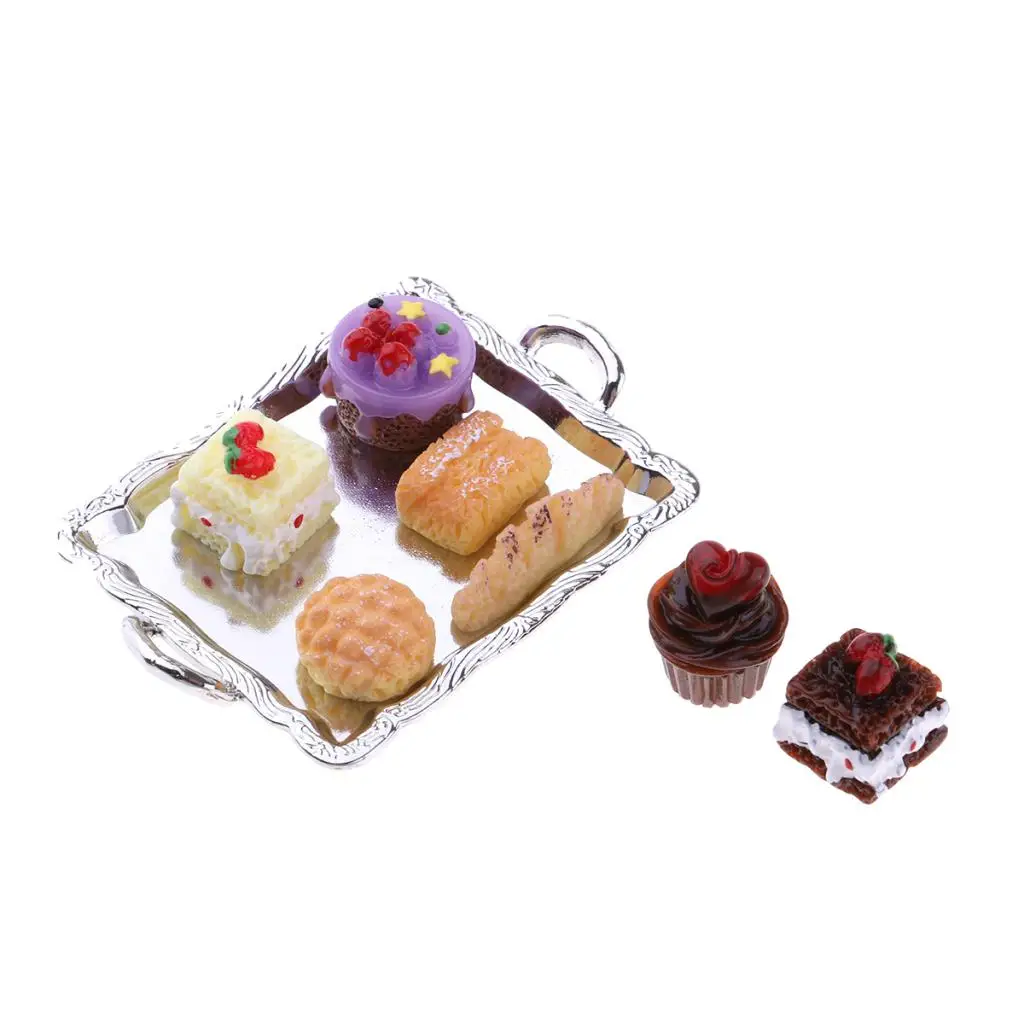 1/12 Dollhouse Miniature Food Cake Plate Bread Set For Kitchen Dining Room Decoration with Silver Tray