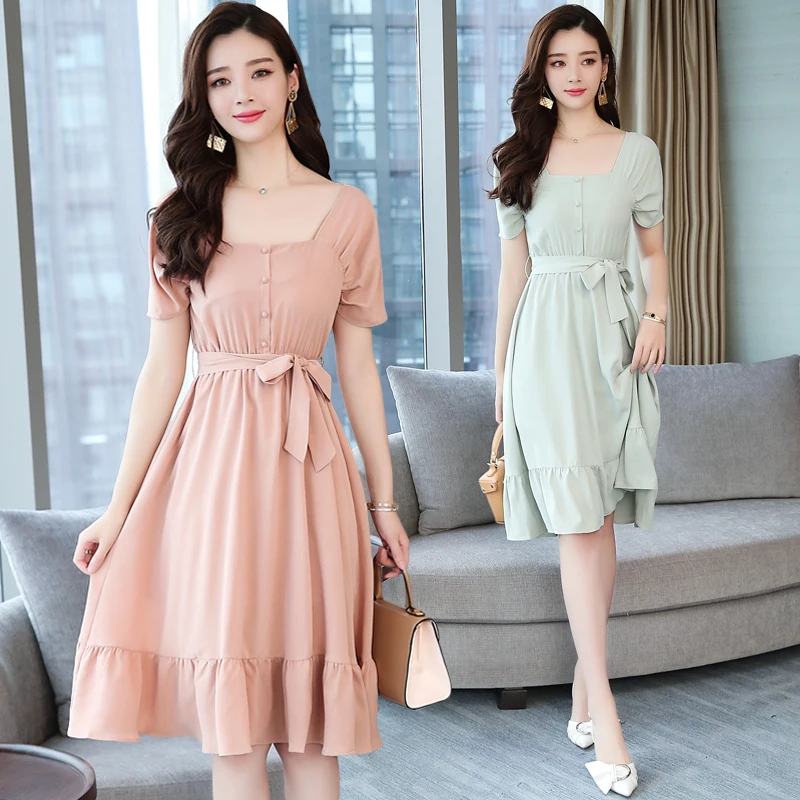 

Summer Women Midi Chiffon Dress Girls Cute Casual Elegant Korean Vacation Beach Dress Lady Vintage Runway Fresh Vestidos