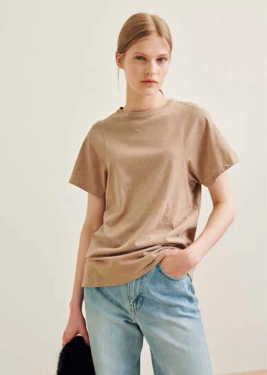 

Women T-shirt Narrow Shoulders Solid Color Simple Short-sleeved T-shirt