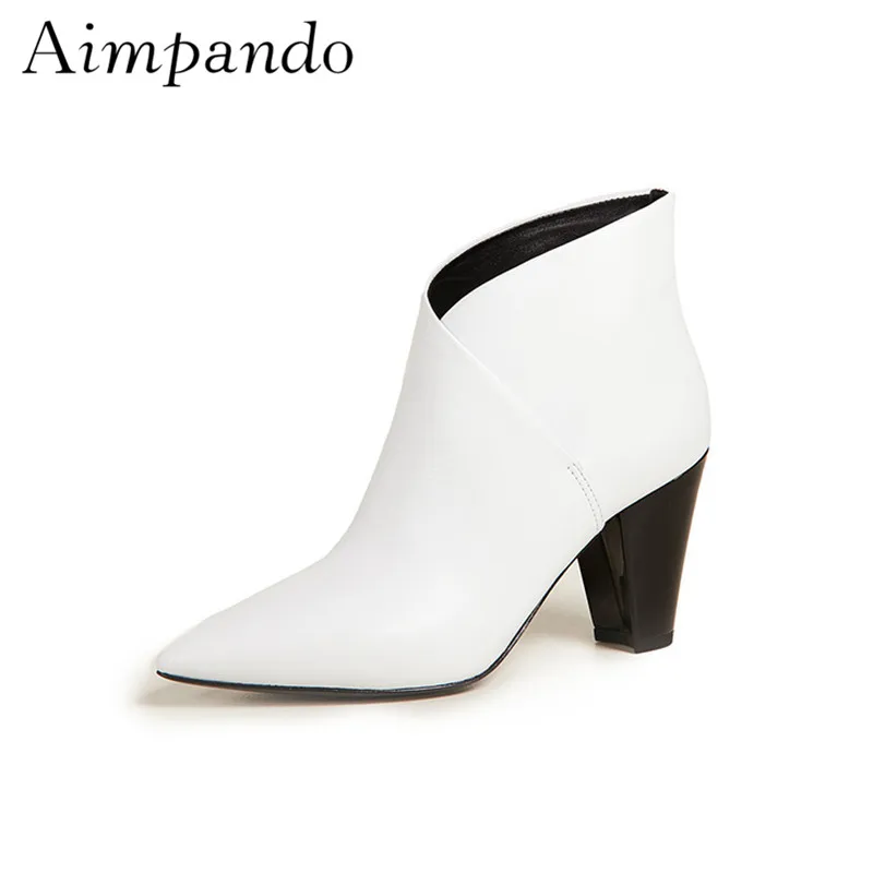 

British Style Genuine Leather Ankle Boots Women Patchwork Pointed Toe Spike Chunky Heel Stage Short Boots Woman
