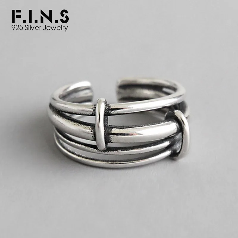 

F.I.N.S Silver Ring 925 Layered Lines Open Finger Rings Antique Sterling Silver Wide Engagement Ring Female Fashion Fine Jewelry