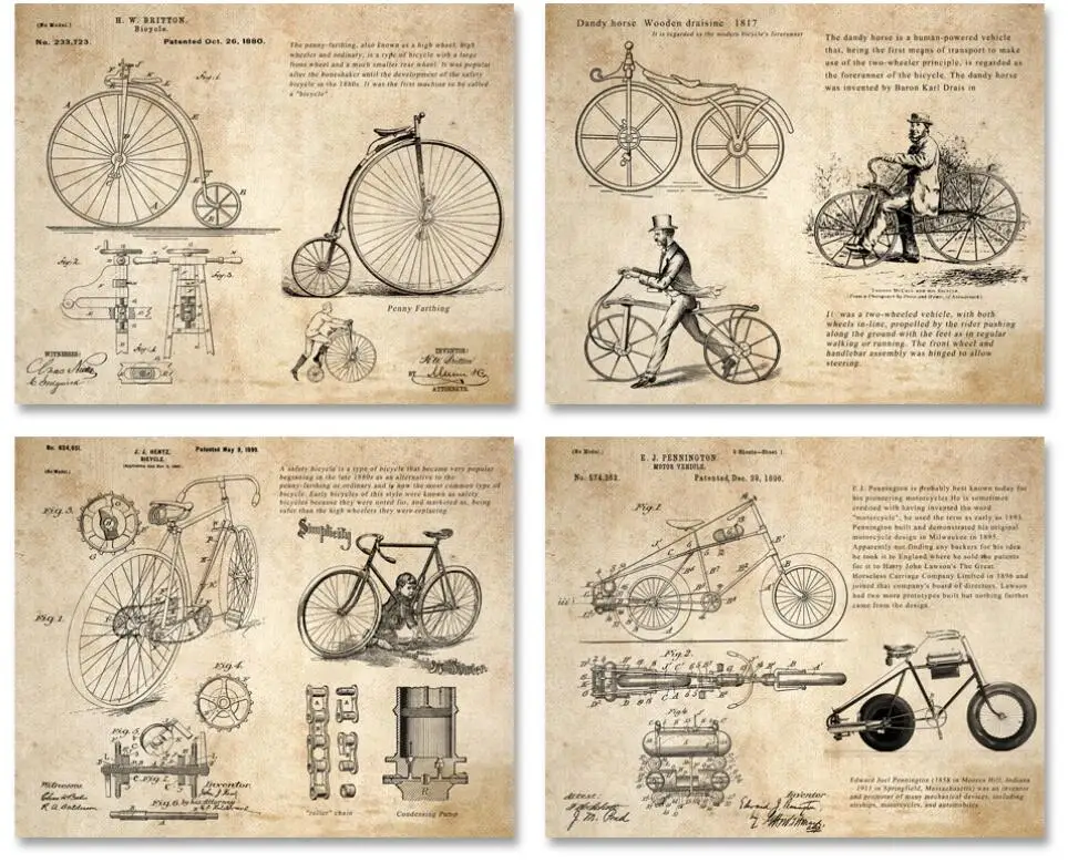 Винтажный патент HD искусство печатает 4 в 1 на старом велосипеде развития патент старый бумажный стиль без рамы - Цвет: parchment style