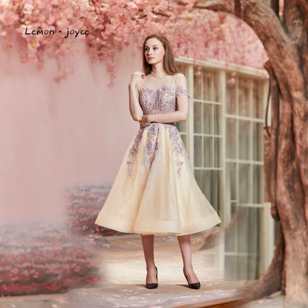 

Lemon joyce Champagne Prom Dresses with Short Sleeves High Neck Illusion Backless A-Line Evening Party Gown Plus Size