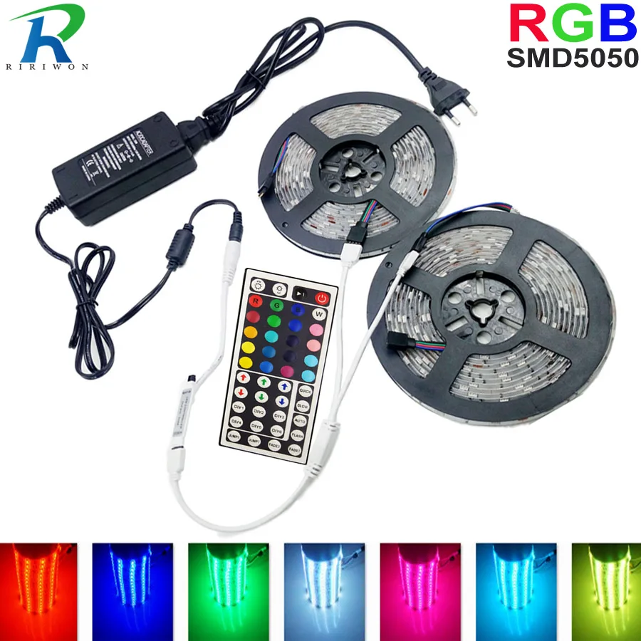 

SMD 5050 RGB 12V LED Strip light 10M 60led/m Flexible Ribbon LED Tape Diode and IR 44keys Controller DC 12V Adapter Set String