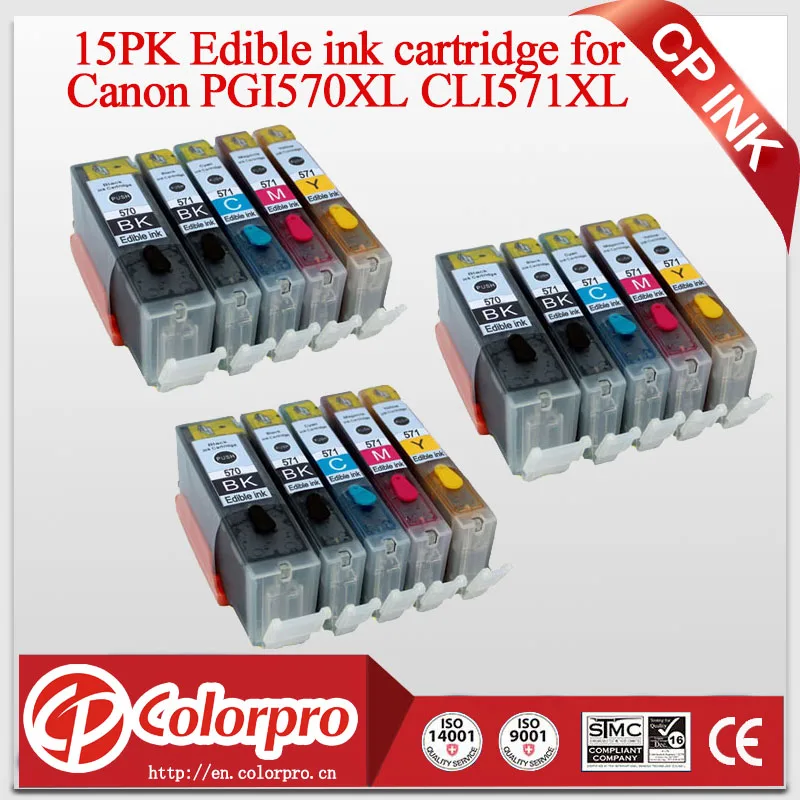15PK Edible Ink Cartridge PGI570 CLI571 for Canon Pixma MG5700 MG5750 MG5751 MG5752 MG5753