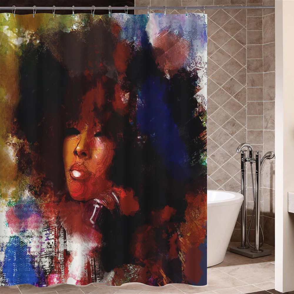 

Art Design Graffiti Art Hip Hop African Girl with Black Hair Big Earring with Modern Building Shower Curtain for Bathroom Decor