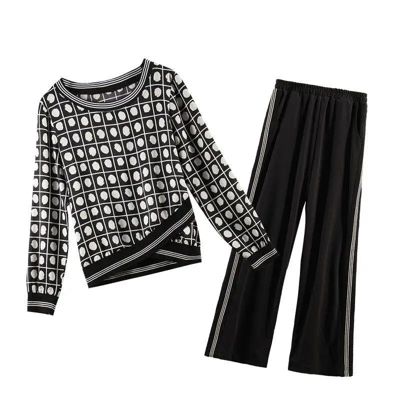 M-5x Autumn Black Printed Two Piece Sets Women Plus Size Long Sleeve Tops And Pants Suits Korean Elegant Office 2 Piece Sets