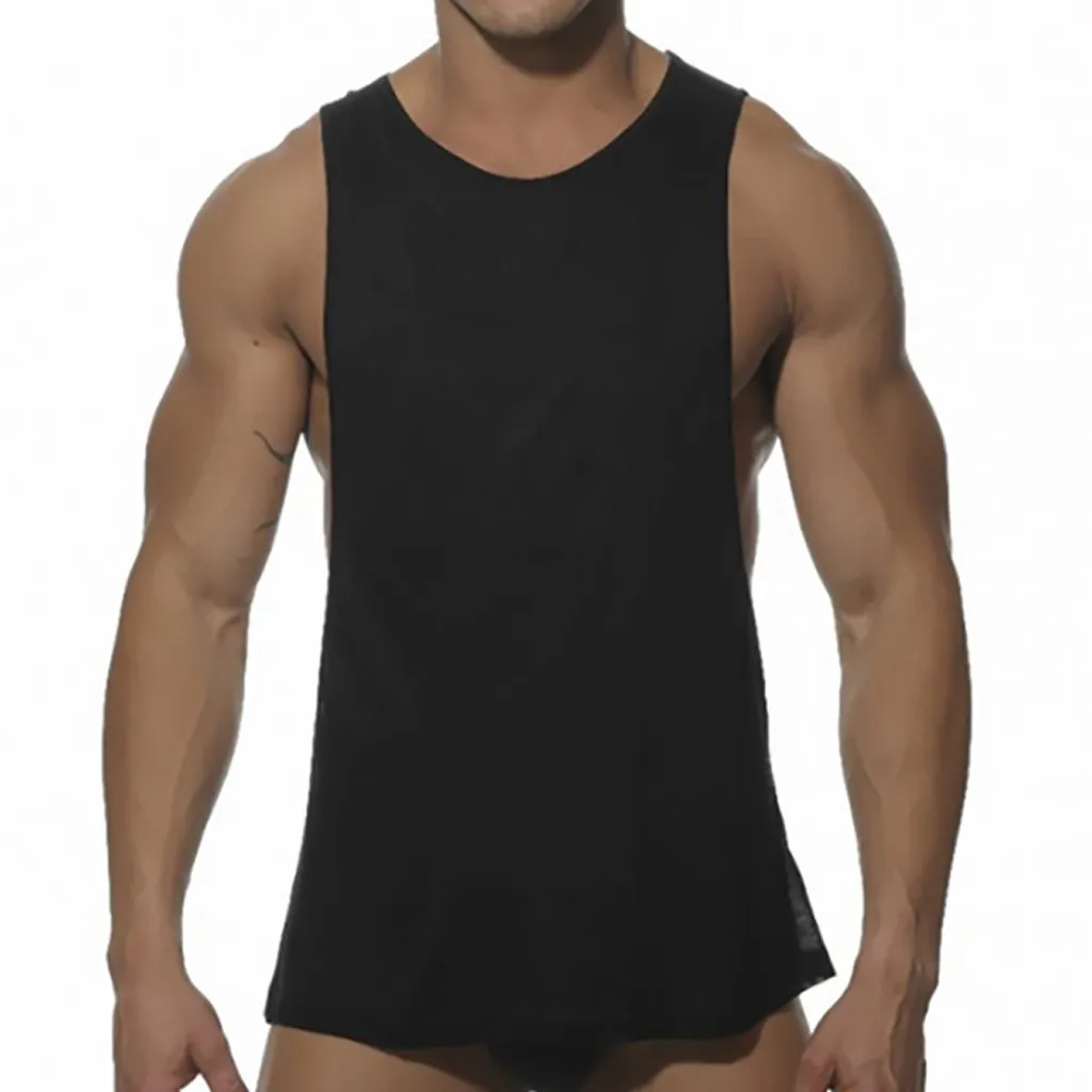Men Tank Top Fashion Workout Sleeveless Solid Zipper Sports Large Open-Forked Male Shirt Tops