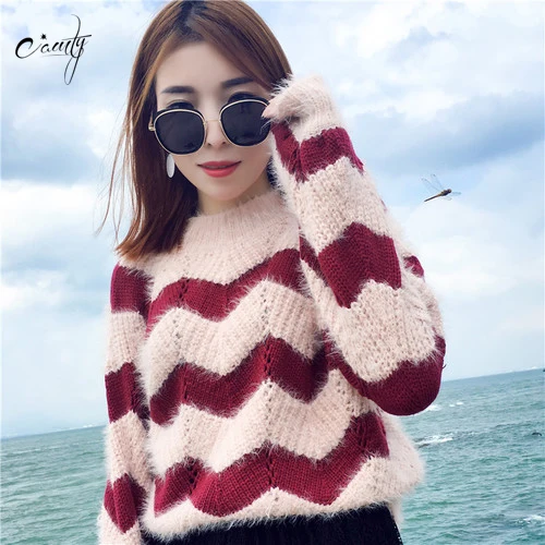 Striped Loose Half Turlleneck Soft Warm Sweater Women CAMTY Mohair Thick Knitted Jumper 2017 Winter Autunm Pullovers New Arrival | Женская