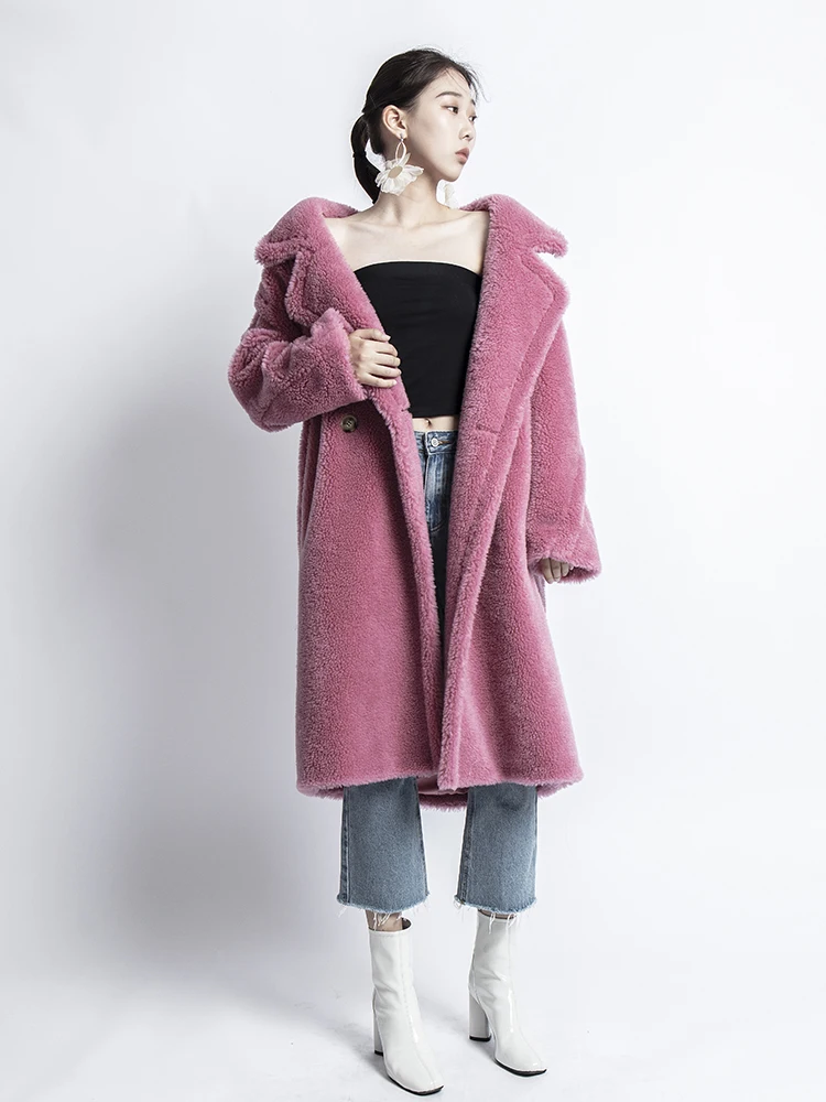 new real sheep fur coat long style camel teddy bear icon coat Oversized Parka Thick Warm Outerwear winter women coat