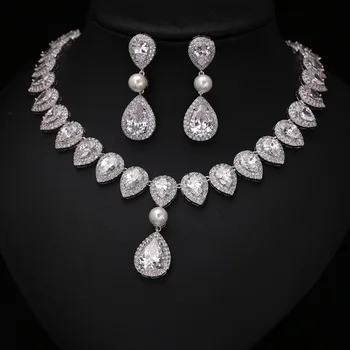 

Fashion Clear White Arrow Heart With Square Shape CZ Crystal and Pearl Jewelry Sets For Wedding Necklace earring set JC352649S