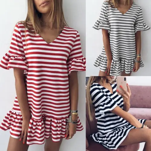 

Summer Women Ruffle Dress 2018 New Casual Striped Butterfly Sleeve Party Evening Loose Dresses Beach Holiday Short Mini Dress XL