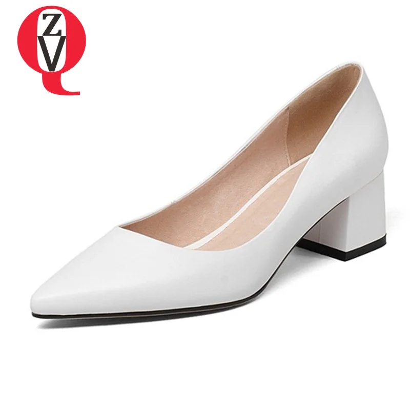 

ZVQ slip-on shallow comfortable spats convenient basic shoes genuine leather high thick heels pointed toe woman pumps