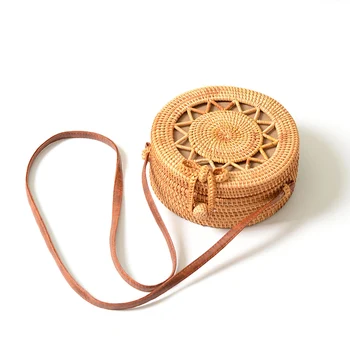 

Rattan retro round handmde bag Bohemian hollow five-pointed star beach round shoulder bag PU shoulder strap
