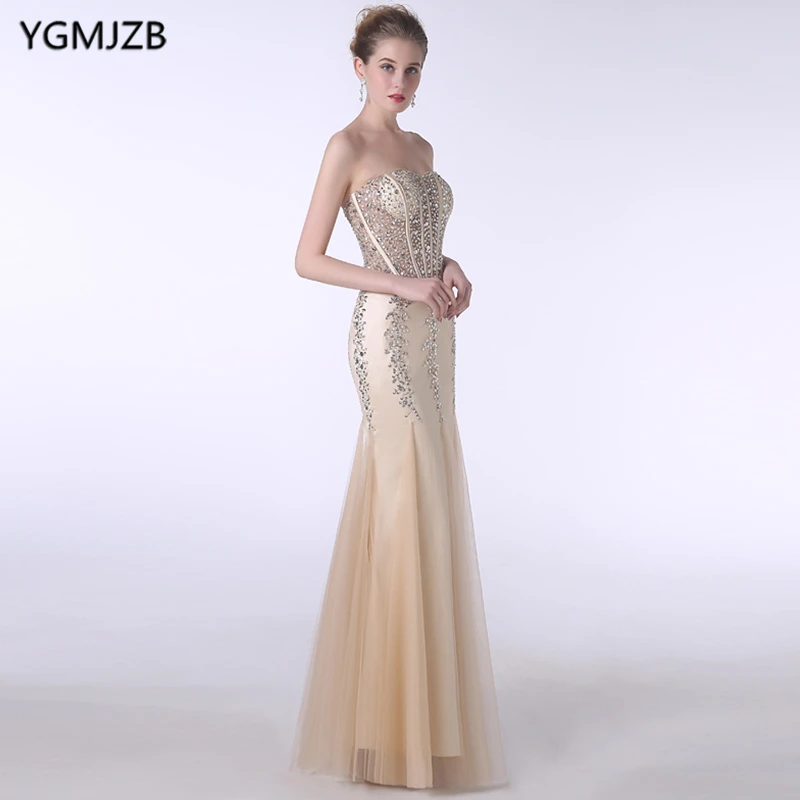 

Elegant Champagne Evening Dresses Long 2018 Mermaid Sweetheart Beaded Crystal Backless Prom Dress Women Formal Prom Evening Gown