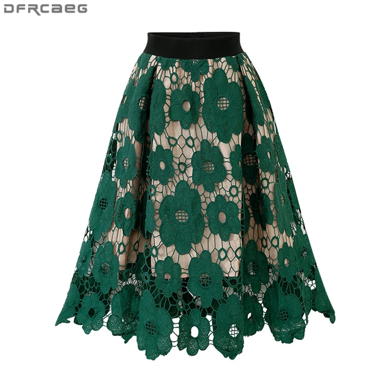 Высокая талия Бохо кружевная юбка женская летняя Saia Миди Европейский стиль Jupe Тюль Femme выдалбливают Черный Зеленый Faldas винтажные юбки
