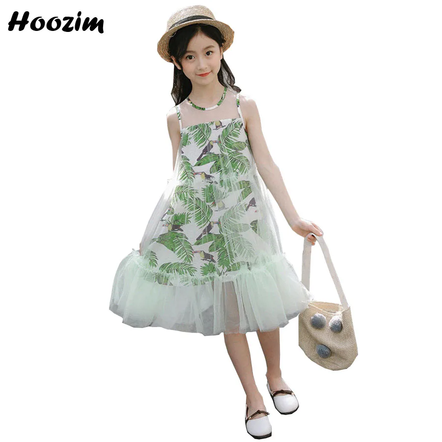 

Cute Elegant Leaf Print Sleeveless Beach Dress Girls 11 12 13 Age vacation Teenage Frock Flounce Hem Sheer Mesh Dresses Children