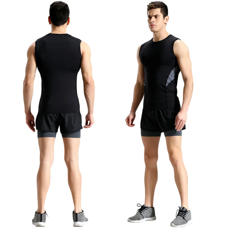 Жилет для бега и брюки майка на бретельках спортивный костюм для мужчин спортивный костюм для бега фитнес одежда компрессия мышц Мужская спортивная одежда - Цвет: 2PCS Gray Stripe