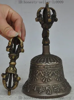 

old tibet buddhism silver bronze Silk Cloth bell chung Phurpa Vajra Adder set