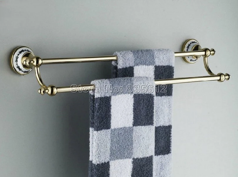 Luxury Gold Color Brass Wall Mounted Bathroom Double Towel Bar Rail