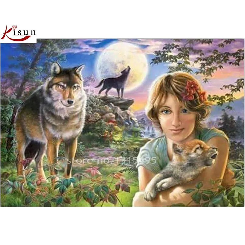 

Kisun DIY mosaic diamond embroidery painting a woman with wolf square or round resin drill full paste needlework painting E245