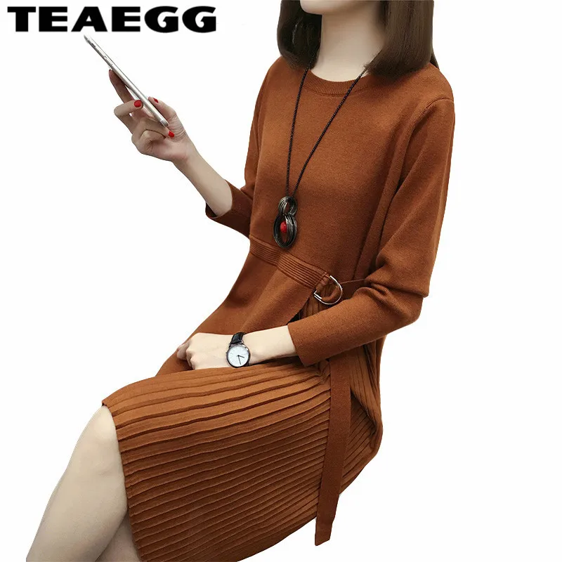 

TEAEGG Knitted Dress Loose Vestido Casual Women Spring Dress 2019 Long Sleeve Sweater Brown Womens Dresses Large Sizes AL774