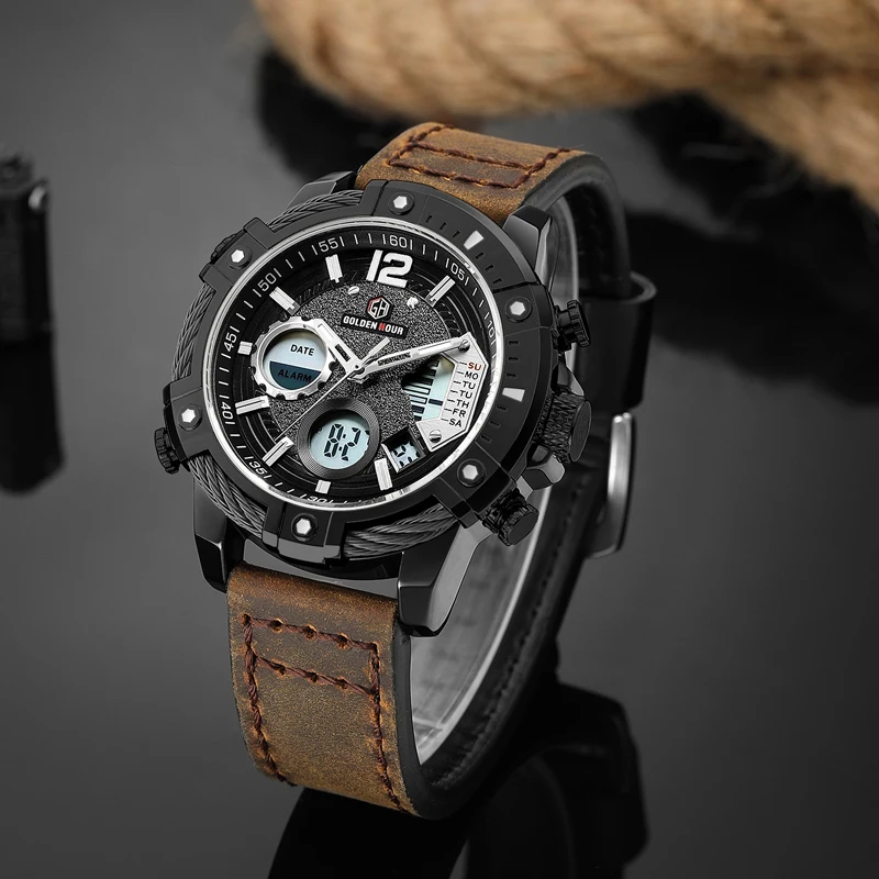 Reloj Hombre GOLDENHOUR кожаные спортивные часы для мужчин erkek kol saati автоматические часы военный человек Wist часы Relogio Masculino