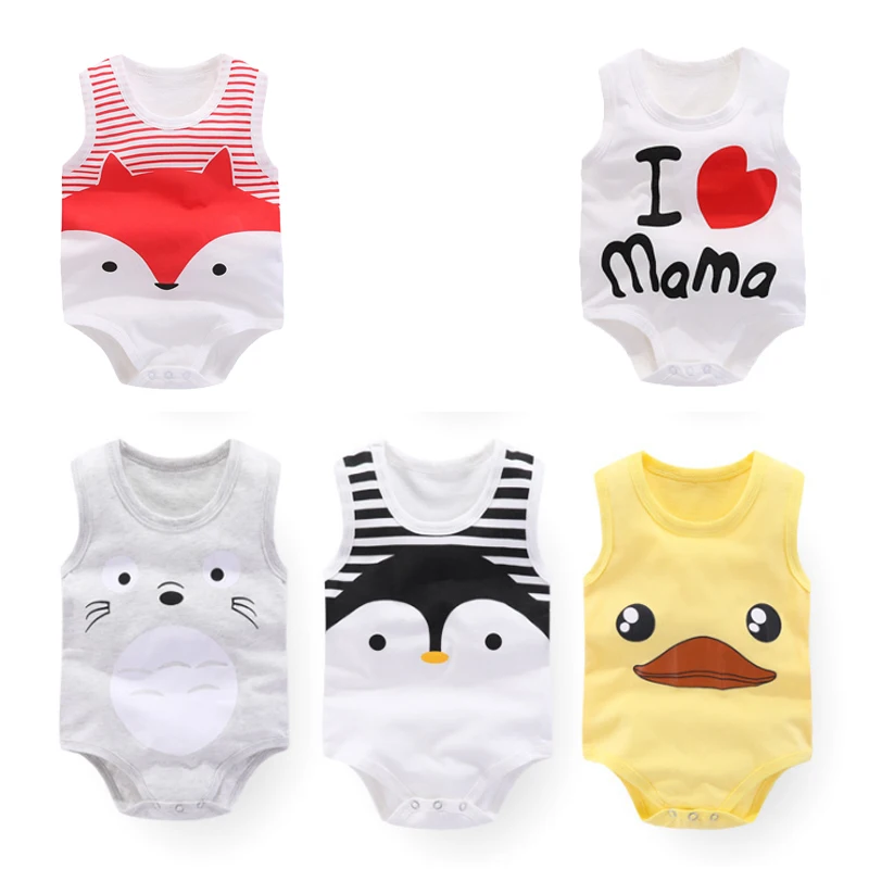 

2019 Cute Newborn Baby Bodysuit Cartoon Fox Penguin Duck Baby Body Suit Summer Soft Cotton Blends Sleeveless Jumpsuit