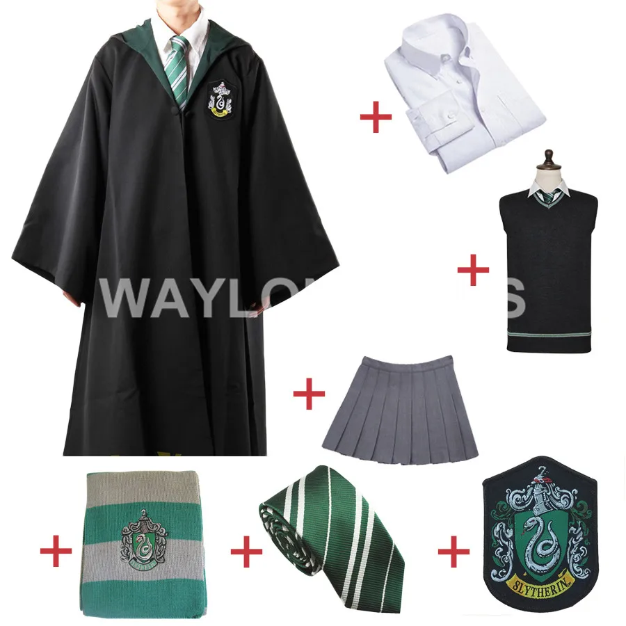 Slytherin Косплей халат Плащ пуловер свитер рубашка юбка с галстуком значок шарф