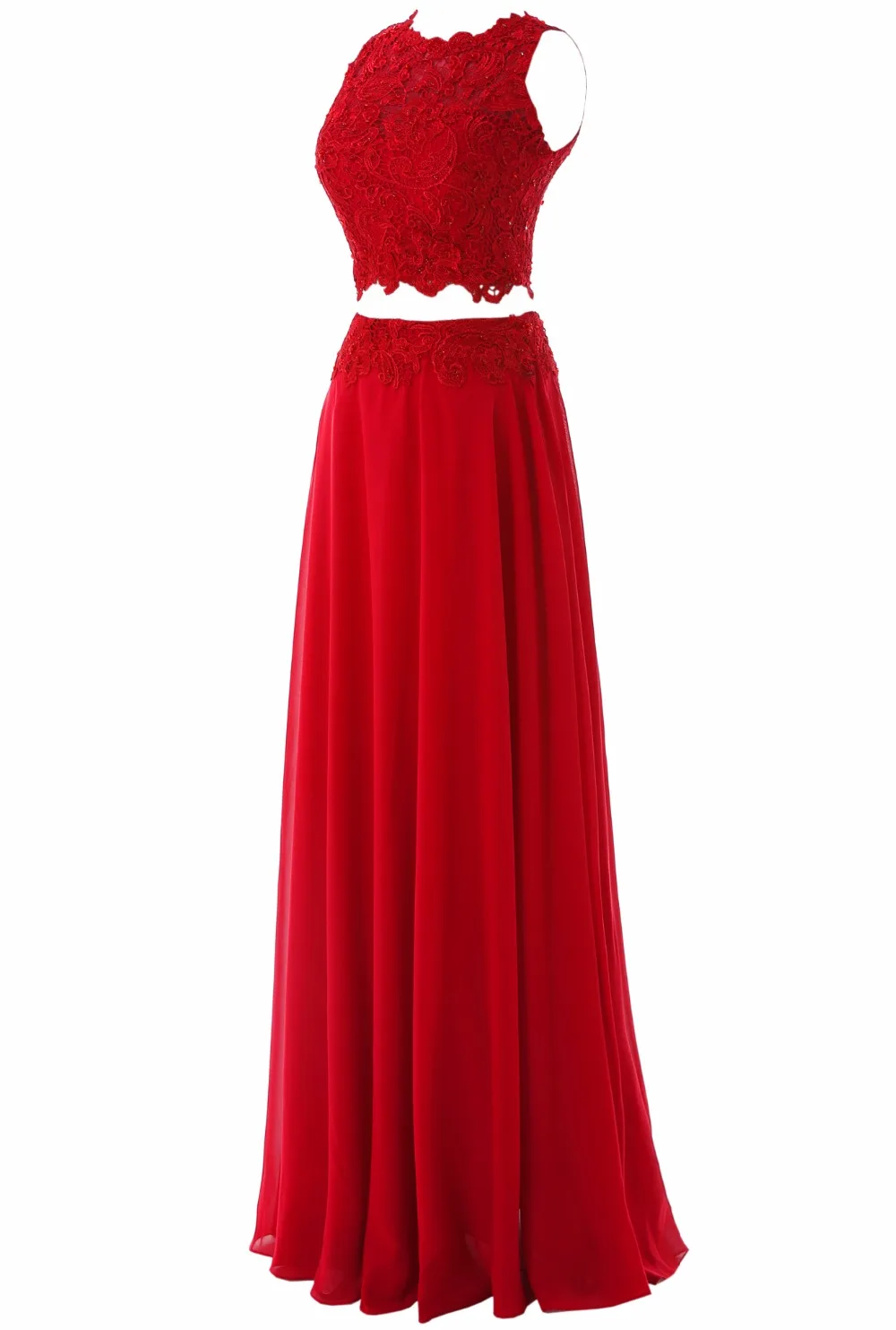 ТРАПЕЦИЕВИДНОЕ шифоновое длинное платье с круглым вырезом из двух частей для выпускного вечера Красные кружевные аппликации для вечернего платья vestido de fiesta vestidos SL-P329