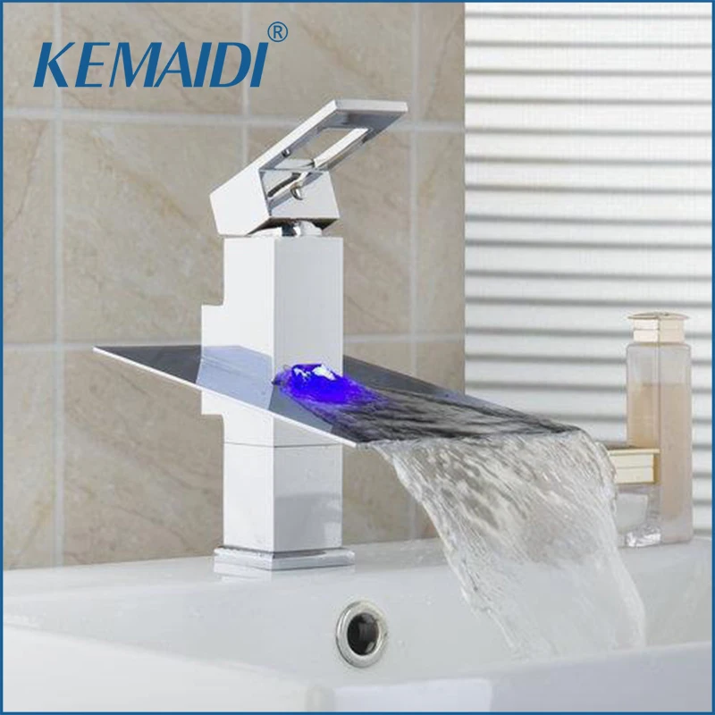 KEMAIDI Bathroom LED Light Waterfall Chrome Deck Mounted Single Handle Wash Basin Sink Torneira Faucet Mixer Tap | Обустройство дома