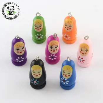 

100pcs Printed Russia Doll Wood Pendants with Iron Findings Mixed Color 37x16x16mm, Hole: 2~3mm