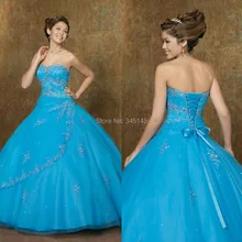 Дизайн Бальные Платья Милая Quinceanera Платья Развертки Поезд Синий Органзы Аппликации Скидка Quinceanera Платья