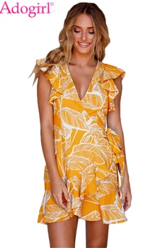 

Adogirl Mustard Leaf Vein Print Ruffle Short Summer Dress for Women Wrap V Neck Cap Sleeve Casual Mini Boho Dresses Vestidos
