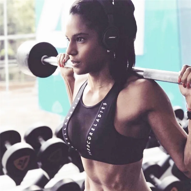 Black Crop Mesh Sports Bra Top Female Sexy Letter Printed Running Fitness Yoga Bra Women Breathable Push Up Brassiere Sport Bras