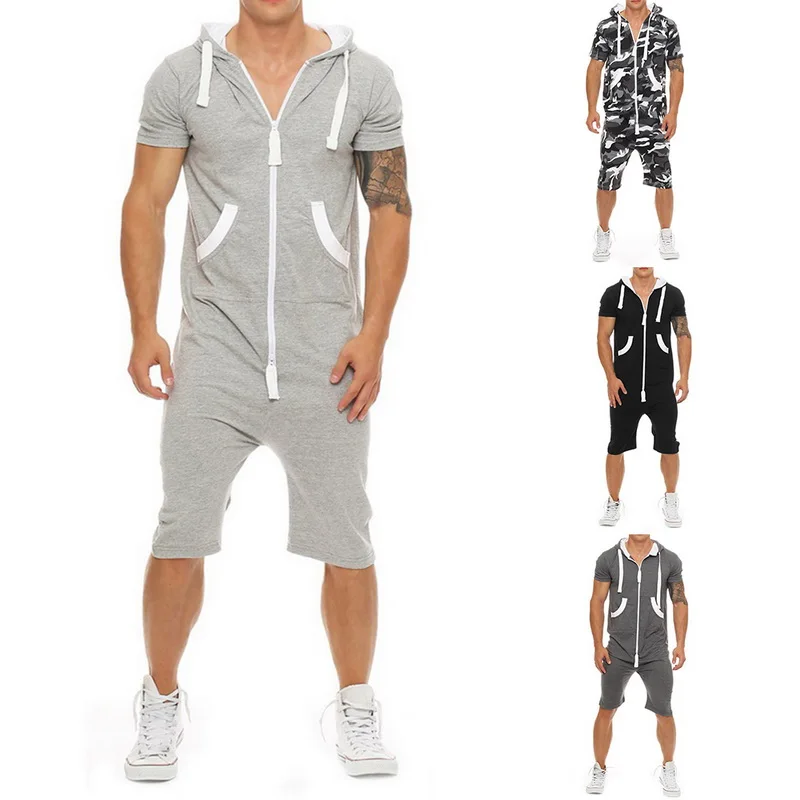 HEFLASHOR One Piece Mens Jumpsuit Short Sleeve Hoodies Sweatshirt 