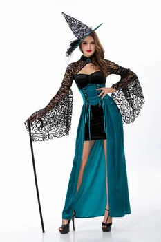 Evening Enchantress Costumes Adult Women Deluxe Long Blue Witch Costume Dress Magic Women Sorceress Shaman Party Halloween