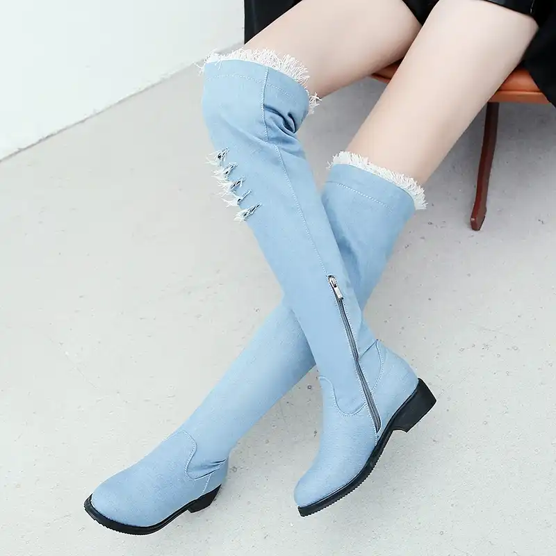 flat denim thigh high boots