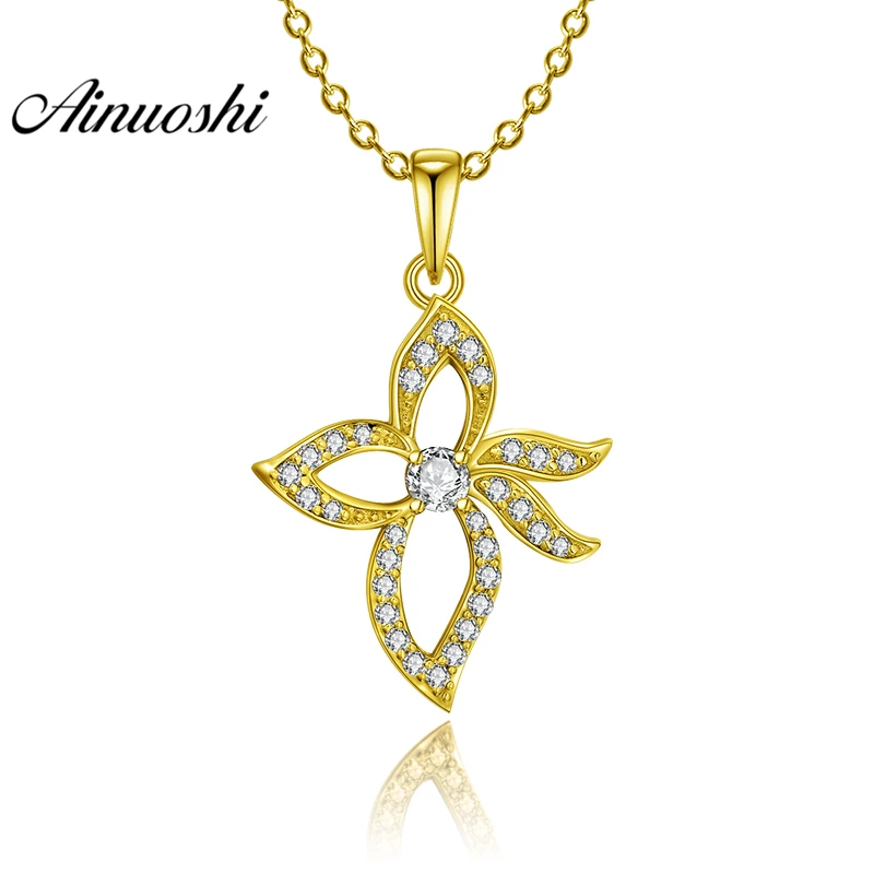 

AINUOSHI 10K Solid Yellow Gold Pendant Hollow Petal Pendant SONA Diamond Women Men Jewelry Little Plant Design Separate Pendant