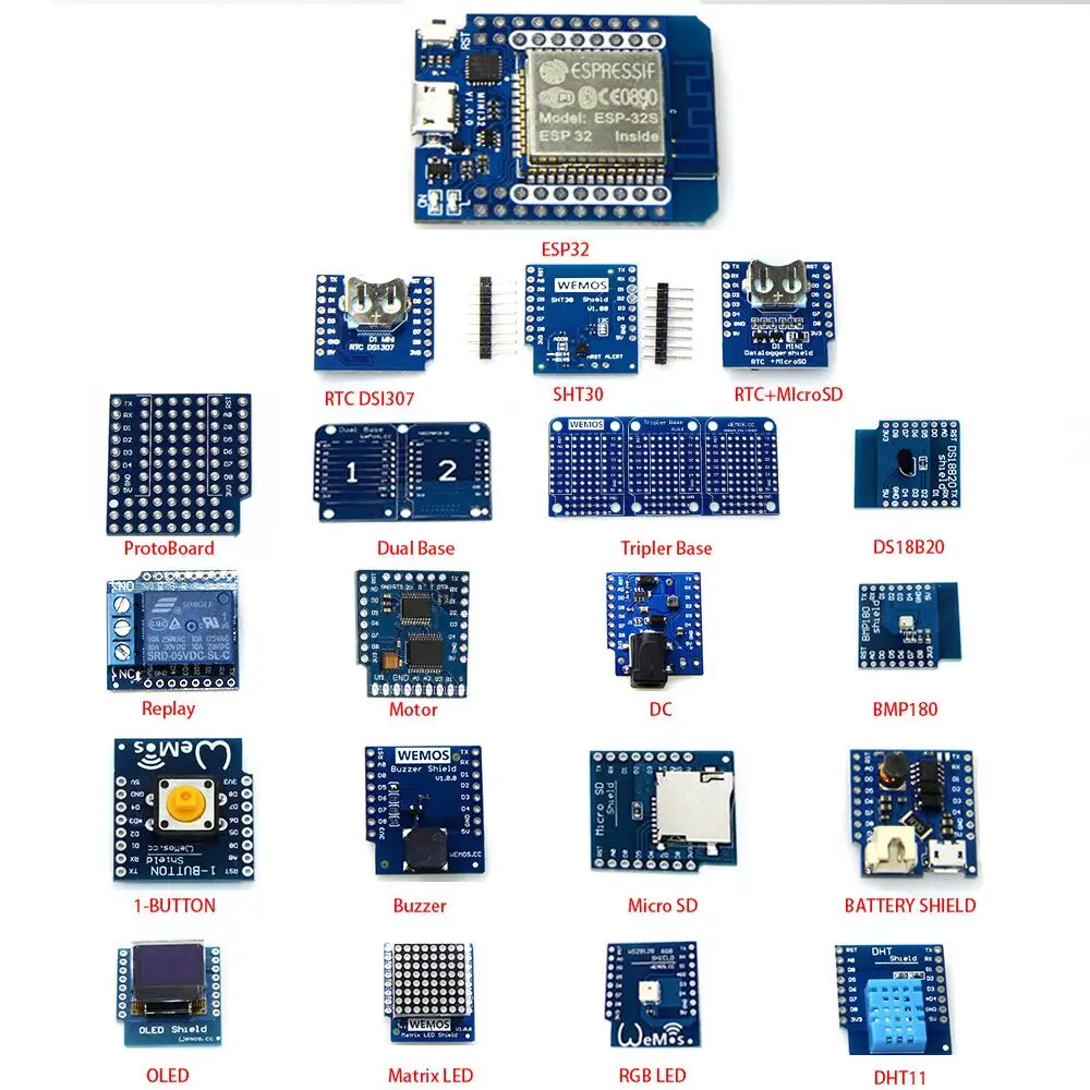 20 EN 1 комплект мини D1 ESP32 WiFi+ Bluetooth обучающий комплект и мини D1(OLED зуммер micro SD BMP180 WS18B20 1-кнопка