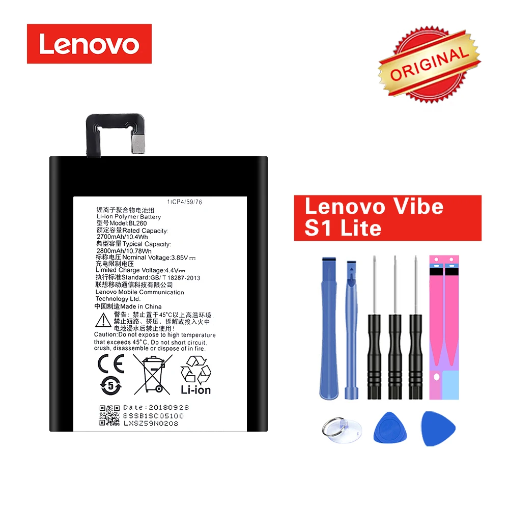 

Original Mobile Phone Battery BL260 for Lenovo Vibe S1 Lite Li-ion akku 2800mAh with Repair Tools