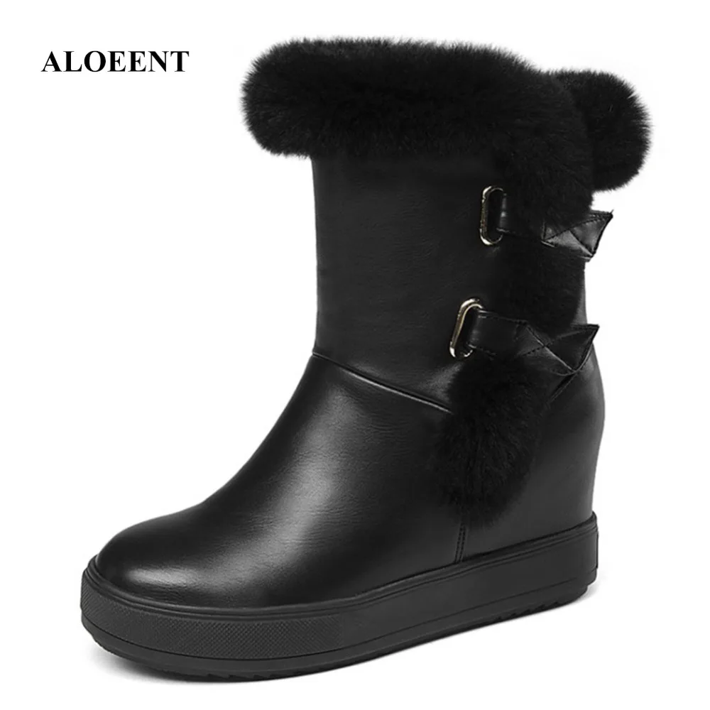 ALOEENT Solid Snow Boots Heighten About 4cm Zip Rabbit'S Hair PU Flat