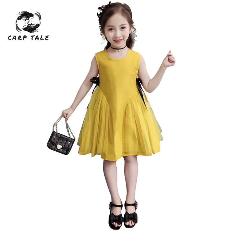 

Girls solid color sleeveless dress summer 2019 New children's vest bow belt design dress cute baby children's clothing