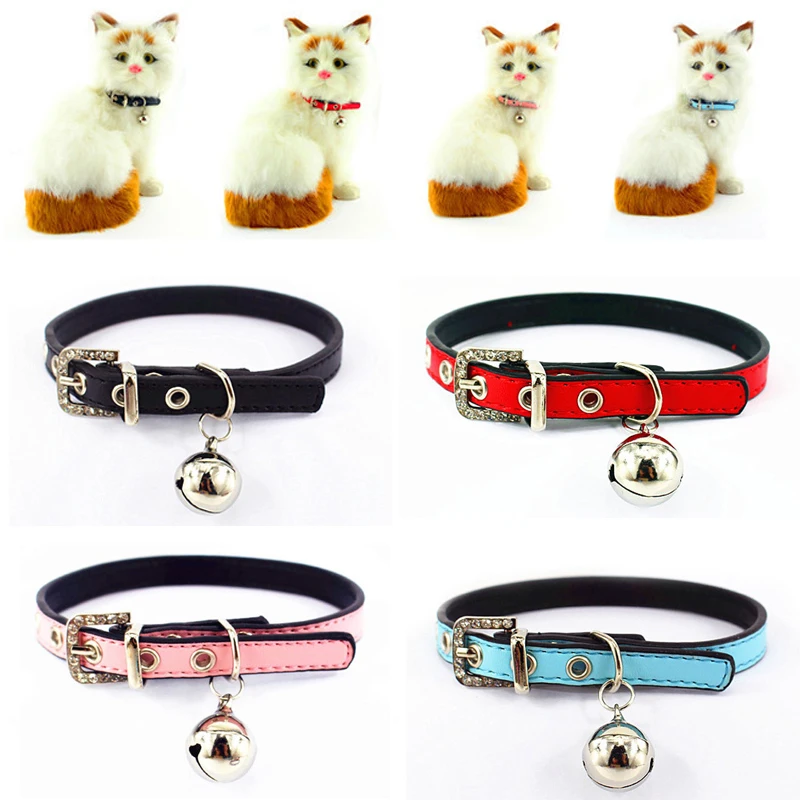 

Cute Diamond Buckle Cat Collar Kitten Necklace with Bell Adjustable Pet Puppies Collar PU Leather Small Dogs Collar