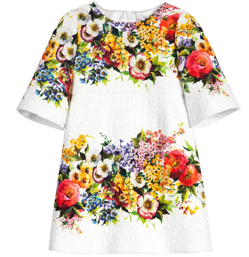 Girls Classic Style Jacquard Weave Floral Print Dresses Western Fashion Cute Children Design Party Dress White rose flower dress | Детская