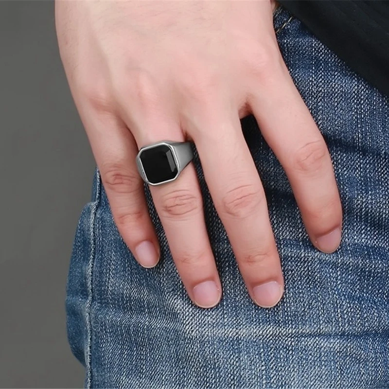 Простой черный сердолик квадратный камень мужские перстень в серебряном тоне Популярные байкерские перстни Alliance Bague Homme