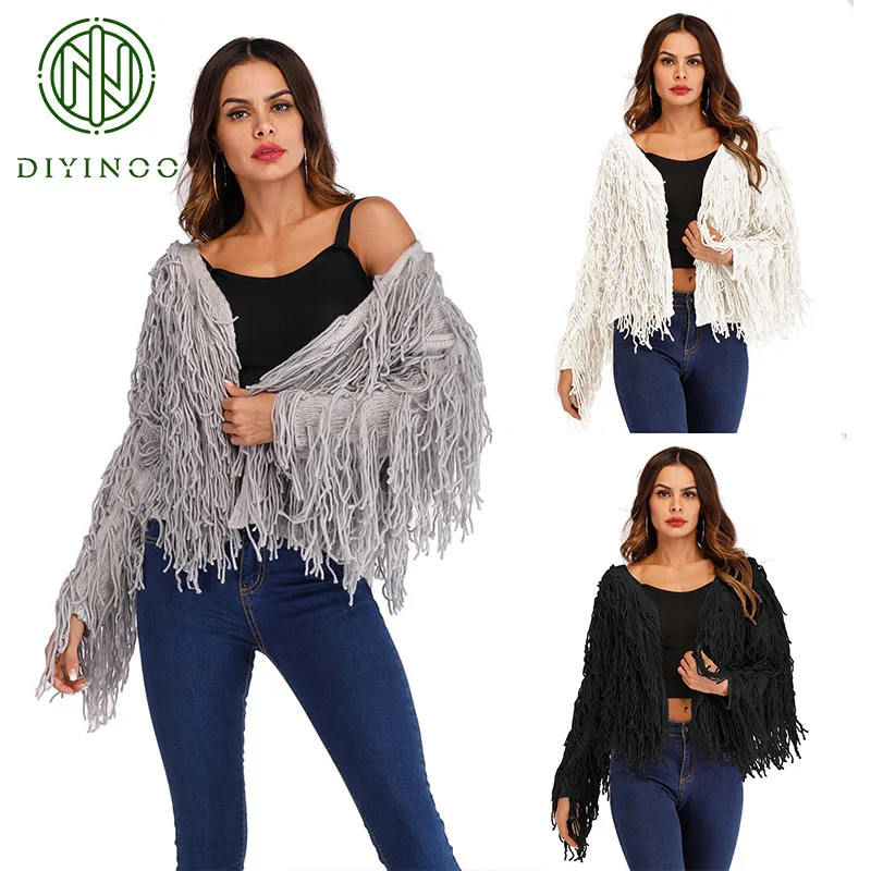 DIYINOO Autumn Winter 2018 New OL Overcoat Manual Tassel Open Stitch Full Sleeve Deep V Coarse Wool Knitting Women's Loose Coat |