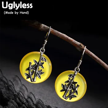 

Uglyless Real 925 Sterling Silver Natural Yellow Chalcedony Button Dangle Earrings Women Handmade Bamboo Brincos Ethnic Jewelry